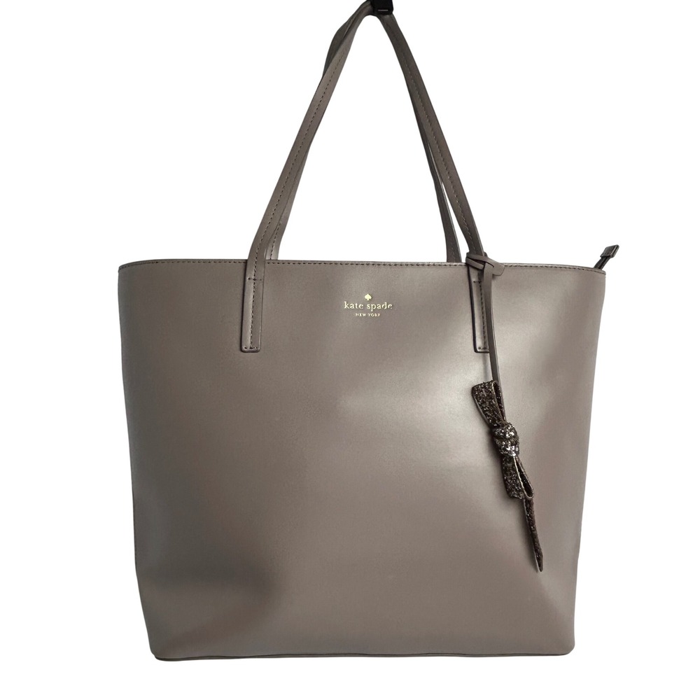 Kate Spade New York Taupe Leather Tote Bag with Glitter Bow Charm Zip Top